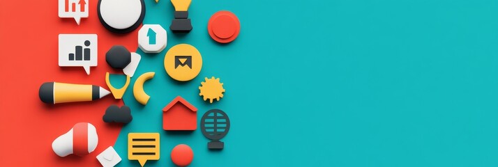 Poster - A colorful infographic featuring 3D icons representing key marketing strategies, such as growth, data analysis, branding, communication, and innovation.