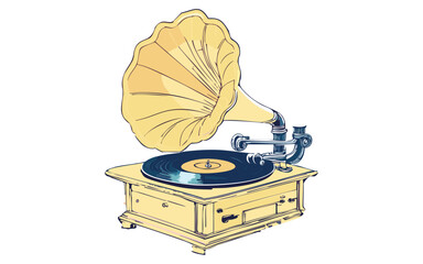 gramophone playing a record, line art vector illustration