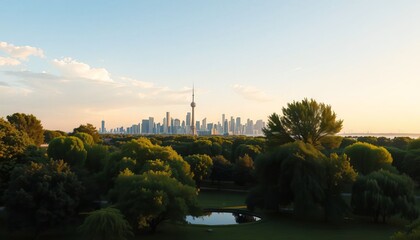 Wall Mural - Cityscape with a prominent skyscraper and a serene park