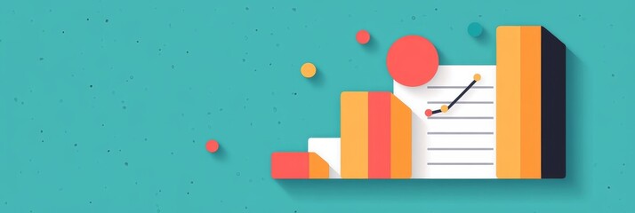 Poster - A flat  graphic illustration representing financial growth and reporting. The illustration depicts a bar graph with an upward trend, a financial report, and a circle representing growth. This symboliz