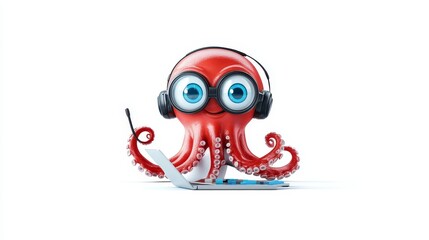 Poster - A friendly cartoon octopus wearing glasses and headphones is working on a laptop, symbolizing multitasking, technology, efficiency, problem-solving, and communication.