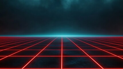 Poster - A futuristic abstract background featuring a red neon grid receding into the distance, with a blue horizon line representing the vastness of the unknown. The grid symbolizes structure, order, and the 