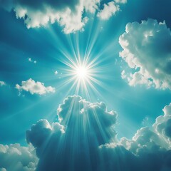 Wall Mural - Blue sky background with tiny clouds and sun rays. Copy space.