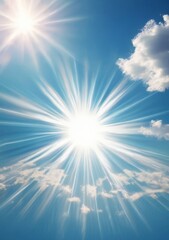 Wall Mural - Blue sky background with tiny clouds and sun rays. Copy space.