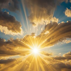 Wall Mural - Blue sky background with tiny clouds and sun rays. Copy space.