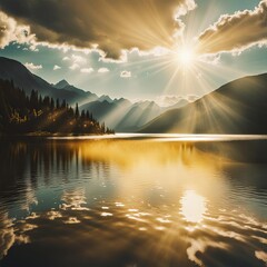Wall Mural - Blue sky background with tiny clouds and sun rays. Copy space.
