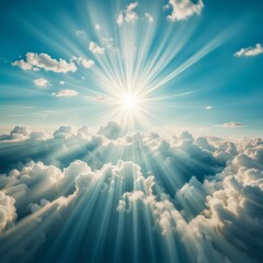 Wall Mural - Blue sky background with tiny clouds and sun rays. Copy space.