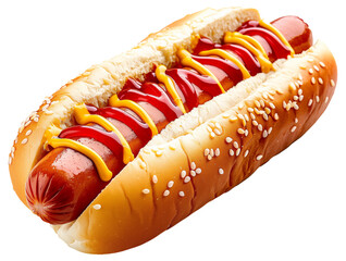 Poster - Close-up of a hot dog with ketchup, mustard, and sesame seeds on white background.