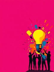 Poster - A group of people working together to achieve a common goal, symbolized by a large light bulb. The light bulb represents innovation, creativity, and success. The colorful shapes around the light bulb 