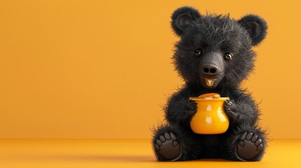 Poster - A cute cartoon bear with a pot of honey in front of an orange background.