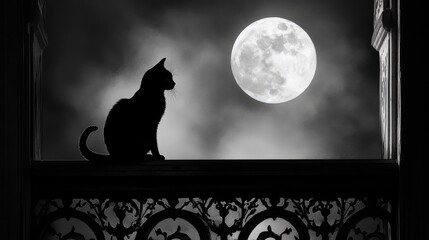 Wall Mural - A cat sits silhouetted on an ornate windowsill, looking out at a moonlit scene. The high contrast black and white palette adds a layer of mystery and drama.