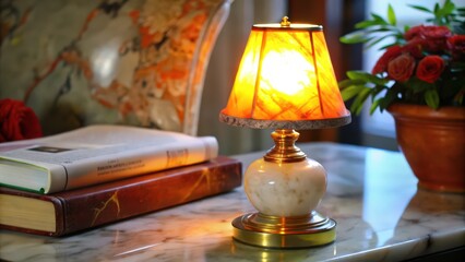 Poster - A Lit Marble Table Lamp with an Orange Shade