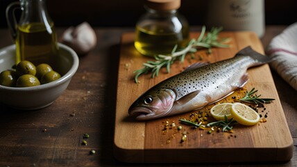 A fresh trout lies on a chopping board with knife next to it.