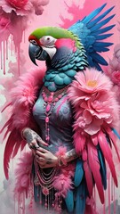 Wall Mural - blue and yellow parrot  on pink created with generative AI software