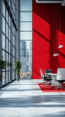 Poster - A large conference room with a red wall and a window