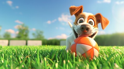 A happy cartoon dog holds a ball in its mouth.