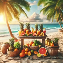 Wall Mural - A tropical fruit stand on the beach, by the ocean. Summer holidays and fresh, healthy citrus and exotic fruits.