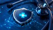 © Tida - A metallic shield with a blue cross in the center rests on a circuit board, symbolizing data security, healthcare protection, cyber security, medical privacy, and patient confidentiality.
