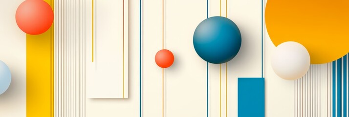Poster - A minimalist abstract geometric pattern featuring a mix of pastel colors, including orange, yellow, blue, and white. The pattern includes circles, lines, and rectangles, creating a visually appealing 