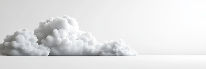 Poster - A minimalist image of white fluffy clouds set against a stark white background. The image evokes a sense of peace, tranquility, and simplicity. It symbolizes purity, dreams, and the boundless possibil