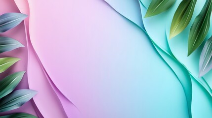 Poster - A minimalist backdrop featuring a subtle gradient from soft pink to light blue, with green leaves framing the edges. The wavy paper texture adds a touch of depth and whimsy, creating a serene and calm