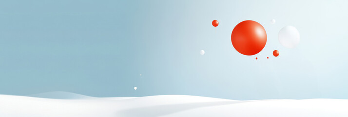 Poster - A modern illustration of a banner design template featuring red and white spheres floating over a white, snow-like landscape. The minimalist design evokes a sense of simplicity, purity, and tranquilit