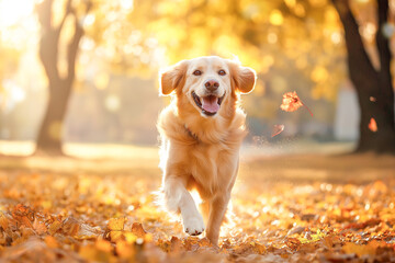 Happy dog in autumn park at sunny day