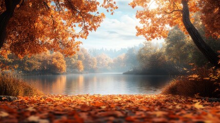 Poster - A beautiful autumn scene with a lake and trees