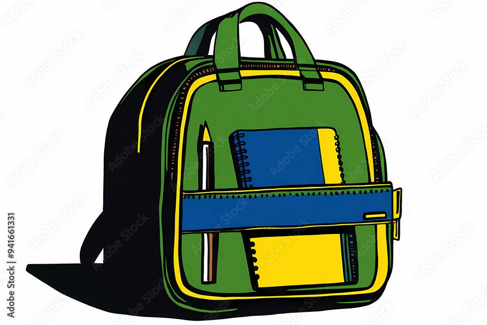 The image features a green backpack with a visible notebook and a ...