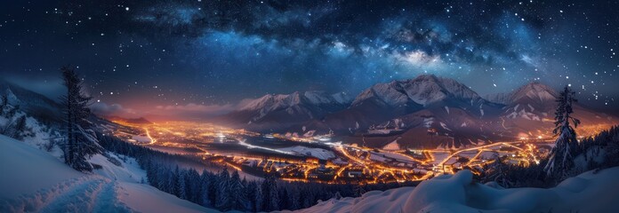 Snowy Mountain Town Under Milky Way