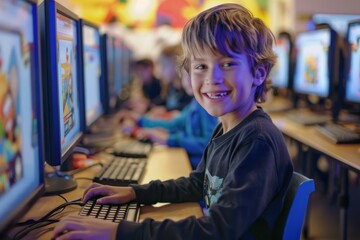 Aufkleber - A cheerful child engaged in computer activities in a classroom setting. The image captures the essence of modern education and digital learning as students work on desktop computers.