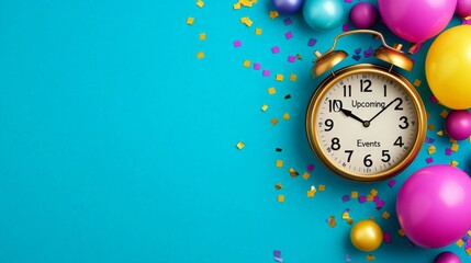 Colorful Celebration Time Concept with Clock, Balloons, and Confetti on Blue Background with copy space