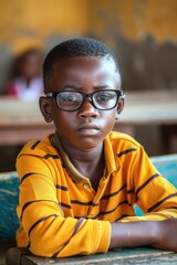 Wall Mural - Young boy sitting at a table wearing glasses, possibly studying or doing homework