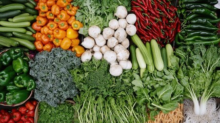 Wall Mural - A colorful array of fresh vegetables at a market stall, showcasing a variety of greens, peppers, and root vegetables