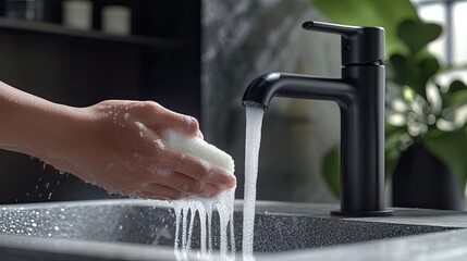 A detailed close-up of hands being washed with liquid soap, capturing the moment of thorough cleaning under a sleek