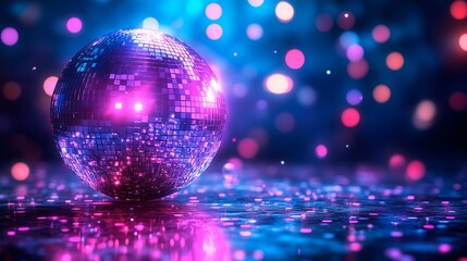 Disco ball shines bright in the dark, website advertising, music banner, disco pub banner, copy space for text