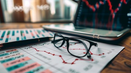 Wall Mural - Glasses on papers with financial diagrams closeup image. Stock market trader office workplace close up photography. Business commercial strategy perdition concept photo realistic