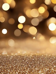 Poster - A shimmering golden glitter background with blurred out-of-focus lights creating a warm and festive ambiance. This image evokes feelings of celebration, joy, luxury, and glamour.