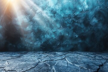 Wall Mural - A dark blue grunge background with light rays illuminating a cracked floor