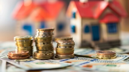 Wall Mural - Coins stacks and cash with house model image copy space. Difficulty with home rent affording banner background blurred. Economy recession growth concept photography copyspace