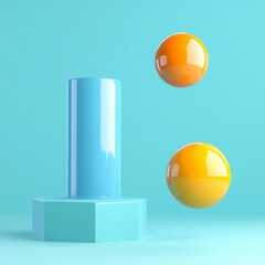 Poster - A simple, modern composition featuring a blue cylinder, two orange spheres, and a turquoise background.  The cylinder is positioned on a hexagonal platform, creating a sense of balance. The spheres ap