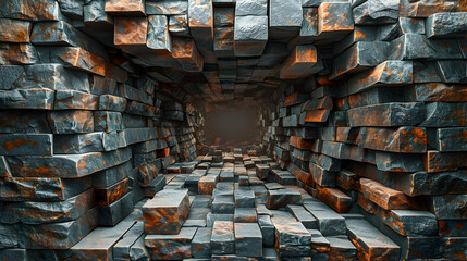 Abstract stone tunnel with dark, rustic texture and a light at the end.