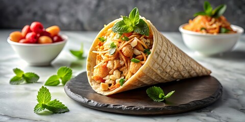 A low-angle shot of a Yam Som O cone, made from crispy rice flour crackers, filled with a generous serving of the pomelo salad, garnished with a sprinkle of crushed peanuts and a few fresh mint leaves