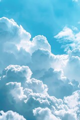 Wall Mural - A plane soaring through a bright blue sky with fluffy white clouds