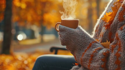 Tranquil autumn scene with a cozy sweater-clad person holding a warm drink, sitting on a park bench amid vibrant fall foliage, creating a relaxed and peaceful atmosphere