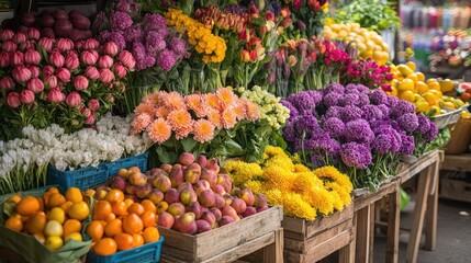 Wall Mural - A picturesque summer market with a rainbow of fresh flowers and fruits, beautifully displayed on wooden stalls.