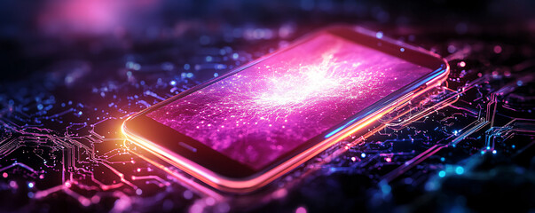 Wall Mural - A vibrant smartphone on a futuristic circuit board, illuminated by glowing pink and purple colors, showcasing technology and innovation.