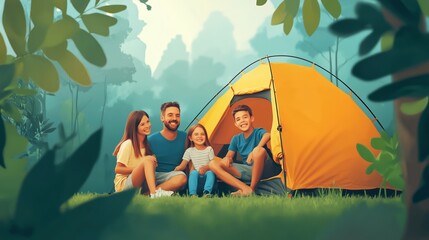 Canvas Print - Family camping together in a serene forest setting, creating lasting memories around a bright yellow tent