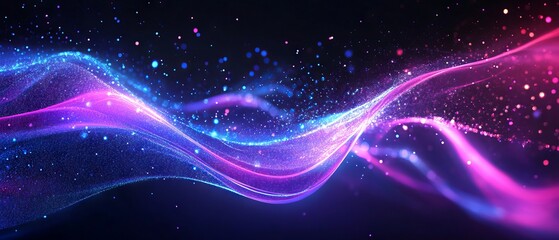 Wall Mural - Abstract futuristic background with glowing neon light lines on dark blue, purple and pink colors. Digital technology concept. Abstract wave moving fast in space