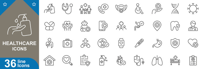 Healthcare icons set. Stethoscope, first aid kit, heartbeat, monitor, medical, bottle, bandage, hospital, bed, thermometer and more. vector illustrator.